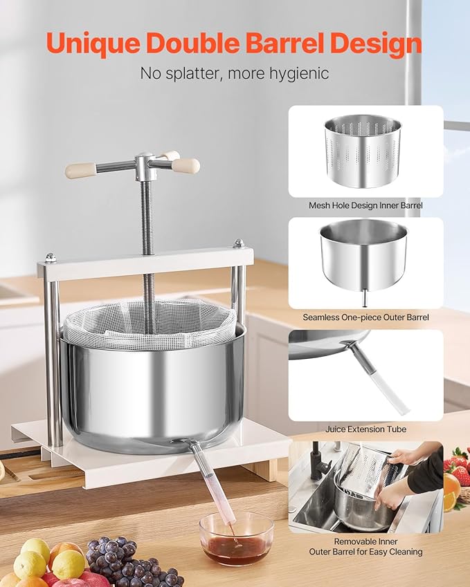 VEVOR 3.17 Gal/12L Fruit Wine Press, 2 Stainless Steel Barrels, Manual Juice Maker, Cider Apple Grape Tincture Honey Olive Oil Making Press with Triangular Handle for Outdoor Kitchen Home