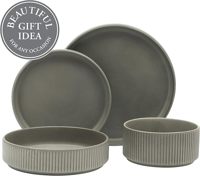 Gibson Elite Deerfield 16-Piece Stoneware Dinnerware Set – Soft Grey Reactive Glaze, Stackable Plates and Bowls, Service for 4 – Microwave & Dishwasher Safe