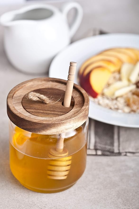 Honey Jar Pot Glass Holder Dispenser Set with Wooden Dipper Stick and Acacia Lid Cover for Home Kitchen, Clear, Modern Honey Syrup Glass Container for Storage Gift, Honey Pot and Drizzler (14 Oz)