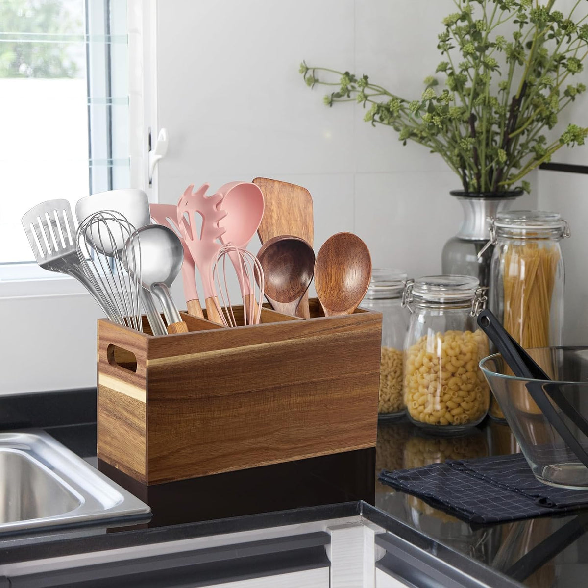 ALELION Acacia Wood Utensil Holder Organizer for Counter - Large Wooden Utensil Caddy for Countertop - 3 Compartment Cooking Tool Holder for Spatula - for Farmhouse Kitchen Decor and Accessories