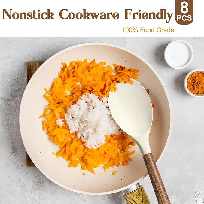 Non-Stick Silicone Kitchen Utensils Set with Natural Acacia Hard Wood Handle, Umite Chef 8 Pieces Kitchen Spatulas set, White, BPA Free, Baking, Serving and Cooking Utensils