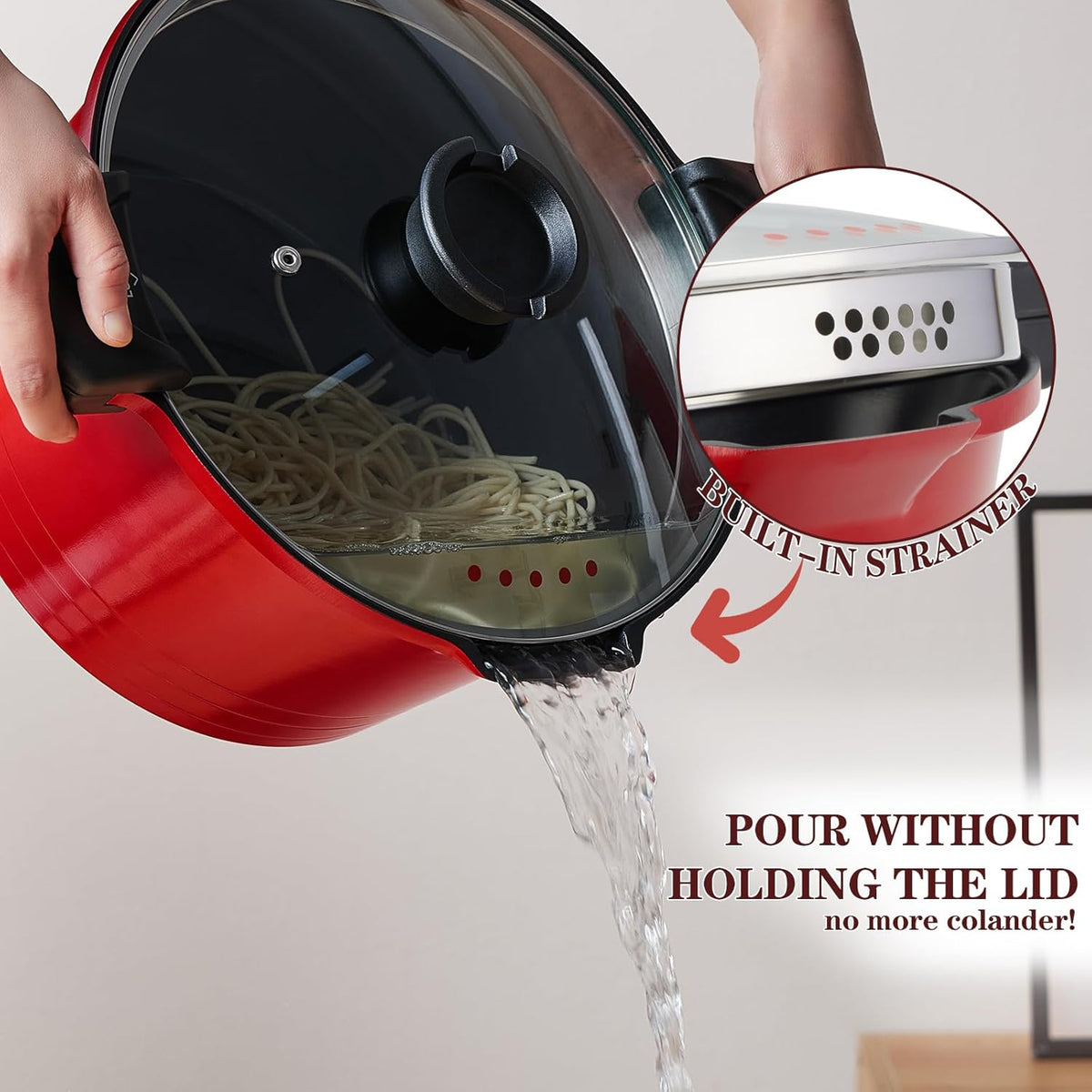 5qt Pasta Pot with Strainer Lid, Cast Aluminum Stockpot Multipot, Nonstick Ceramic Coating make Cleanup easy with Tempered Glass Lid, Dishwasher Safe, Induction, Black (Red, 5 Quarts)