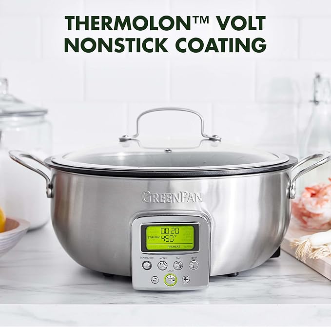 GreenPan Elite 6QT Electric Skillet, Sear Saute Stir-Fry Cook Rice, Healthy Ceramic Nonstick, Dishwasher Safe Parts, Easy-to-use LED Display, PFOA and PFA Free, Smart Pot, Stainless Steel