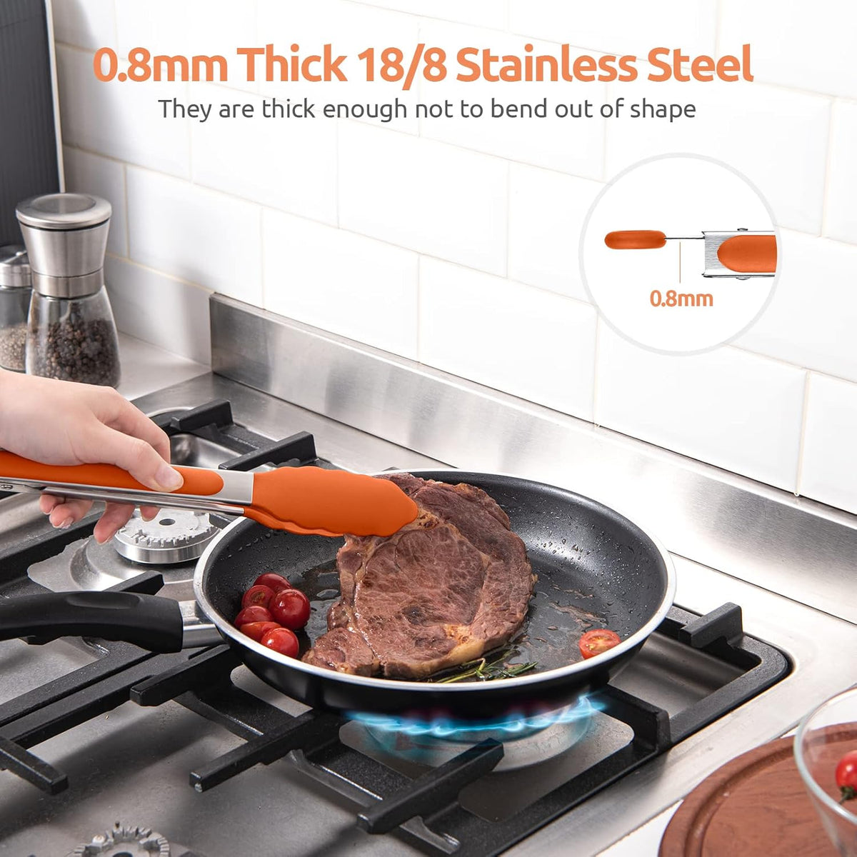 Heat Resistant Silicone Kitchen Tong: U-Taste 9 inch 480ºF Hot Proof Cooking Tong with Firm Sealed Non Stick Rubber Tips & Silicon Coated Steel Handle & Smooth Locking for Serving Grill Salad (Orange)