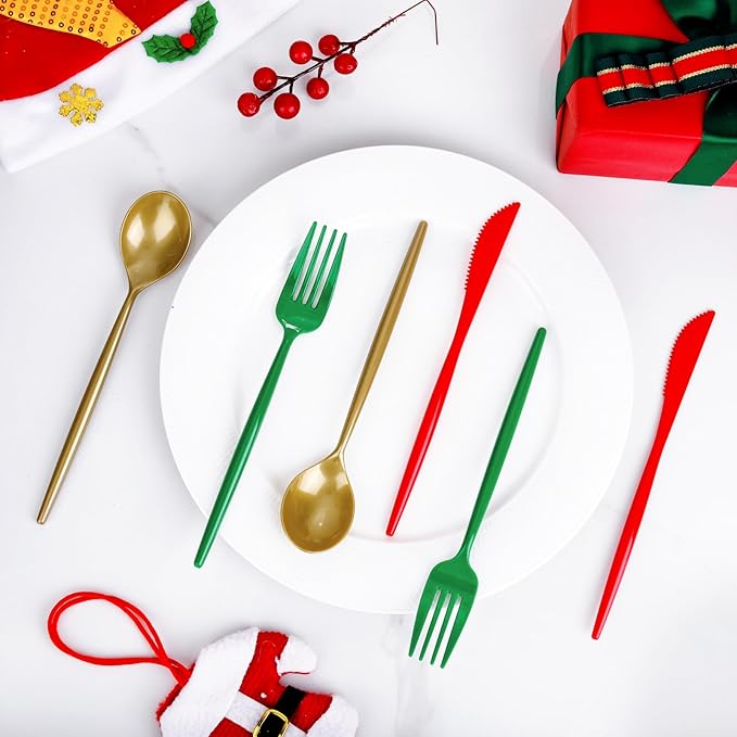 Rubtlamp 180Pcs Christmas Plastic Silverware, Heavy Duty Plastic Utensils, Party Disposable Flatware, Plastic Cutlery Sets Include 60 Green Forks, 60 Brown Gold Plastic Spoons, 60 Red Knives