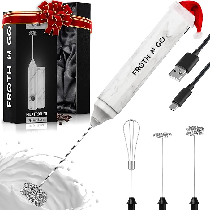 Zulay Froth N Go Milk Frother – Rechargeable 3-in-1 Handheld Frother Wand with Travel Case & USB-C Charger – Single, Double & Egg Whisk for Latte, Cappuccino, Matcha, Protein Shakes – White Marble
