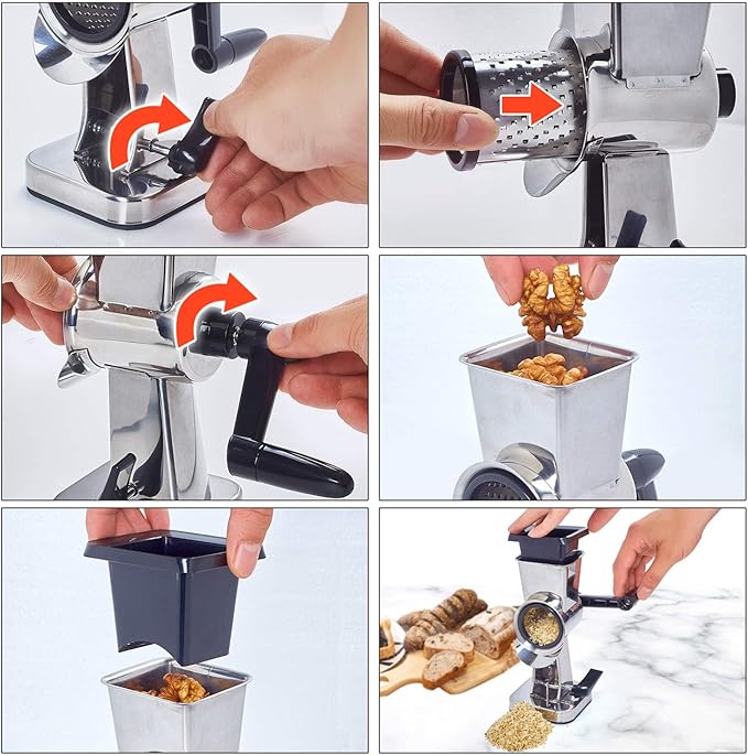 LHS Rotary Cheese Grater Stainless Steel Manual Cheese Shredder Grater Walnuts Grinder with 3 Interchangeable Drum Blades for Chocolate, Cheese and Nuts