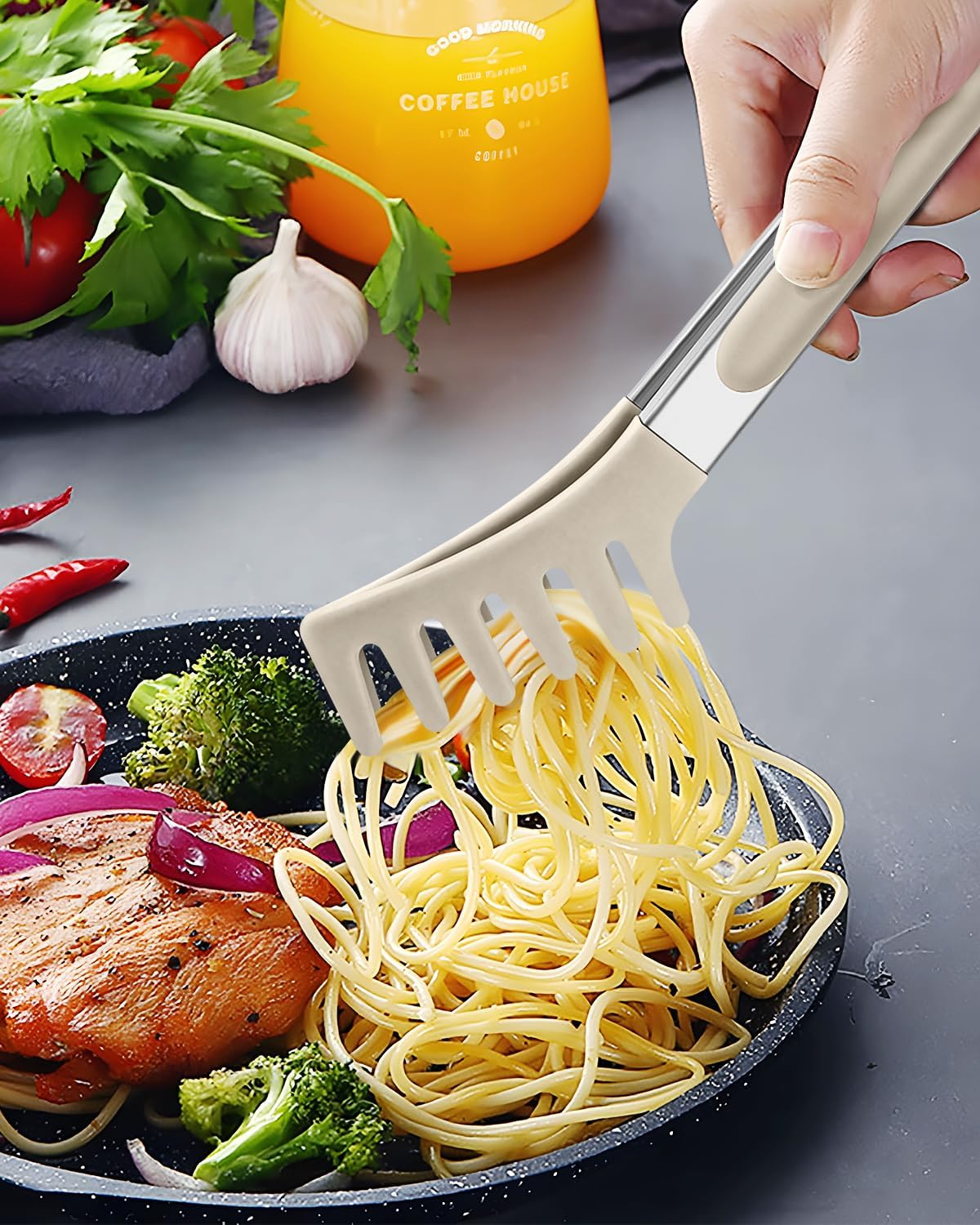 Spaghetti Spoon and Pasta Tong, Non-stick Silicone Spoon Server Fork with teeth and Stainless Steel Handle Spaghetti Tong, Food Clip for Spaghetti Noodle (KHAKI)