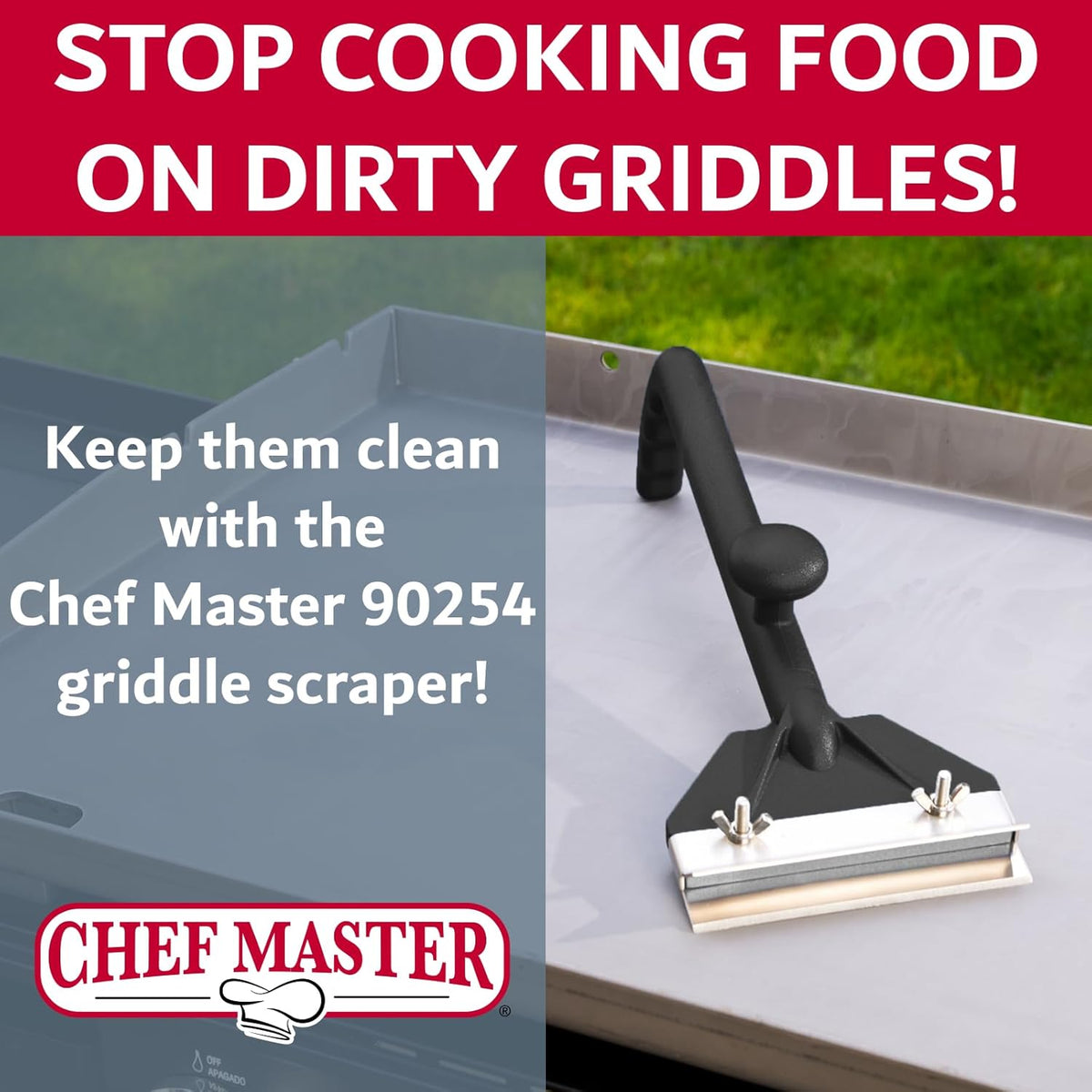 Chef Master Griddle & Flat Iron Grill Scraper, Commercial Blackstone Griddle Scraper, Flat Top Grill, Blackstone Accessories, Removes Grease, Food Debris for Diners, Restaurant & Food Truck - 90254