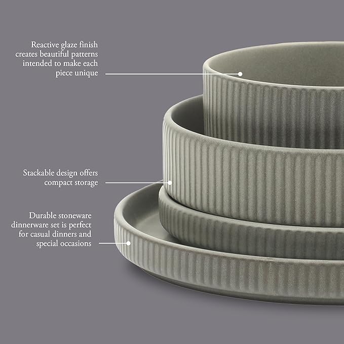 Gibson Elite Deerfield 16-Piece Stoneware Dinnerware Set – Soft Grey Reactive Glaze, Stackable Plates and Bowls, Service for 4 – Microwave & Dishwasher Safe