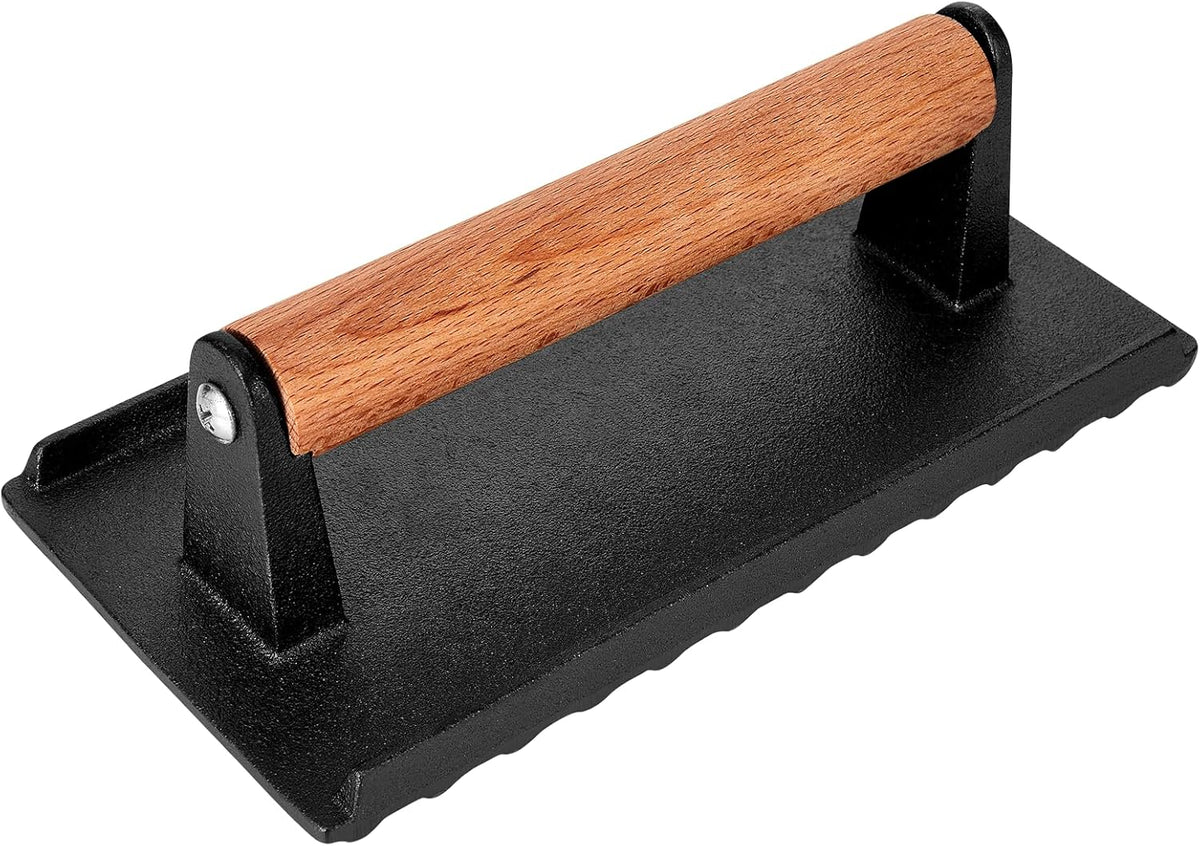 Burger Press, 8.3”X4.3” Rectangle Heavy-Duty Cast Iron Smash Burger Press Griddle Accessories with Heat Resistant Wood Handle for Blackstone Griddle, Ideal for Panini, Steak & Sandwiches