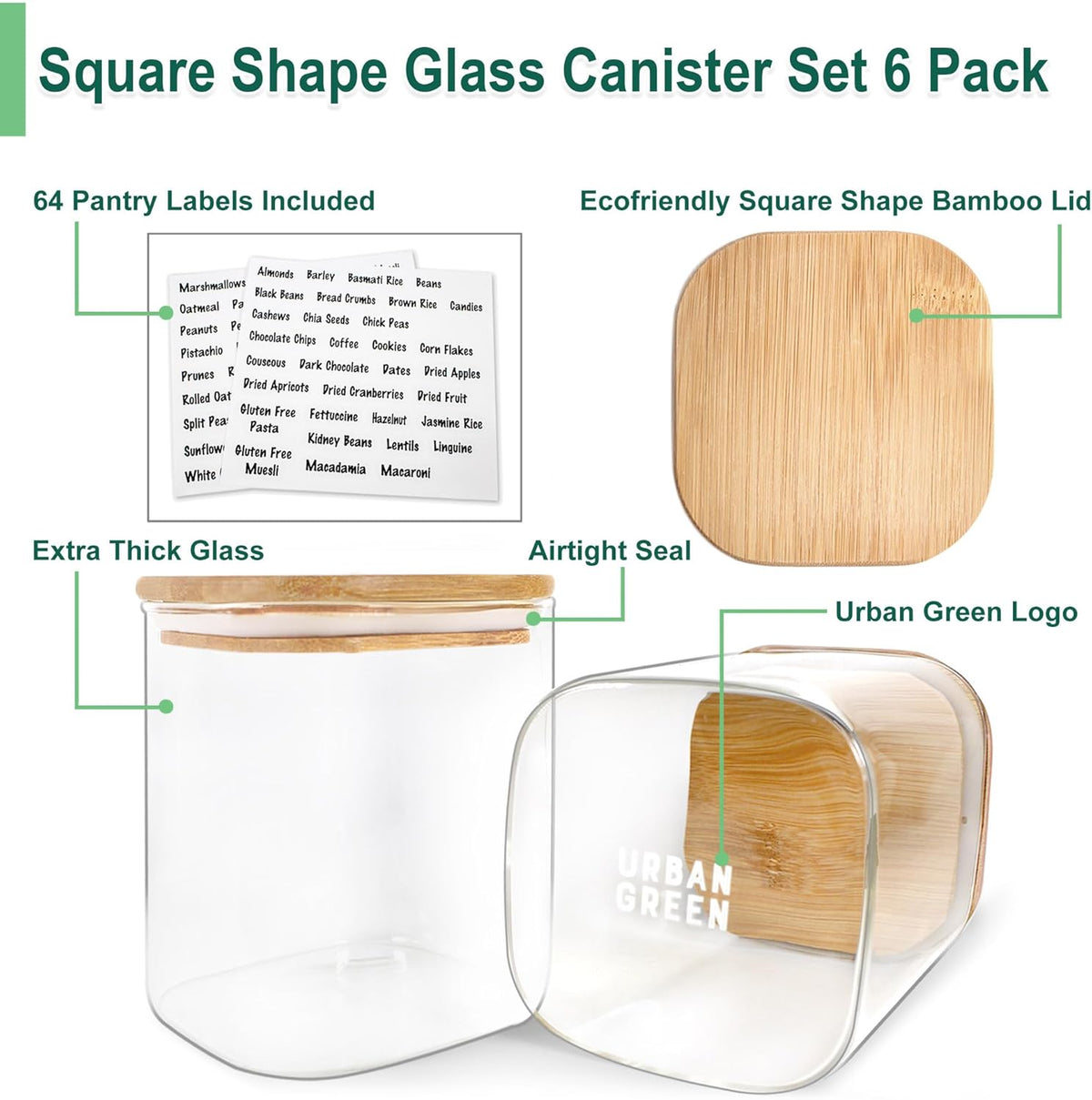 Urban Green Glass Jars with Airtight Lids, Airtight Glass Canisters with Locking Lids, (Bamboo-6P-24oz)