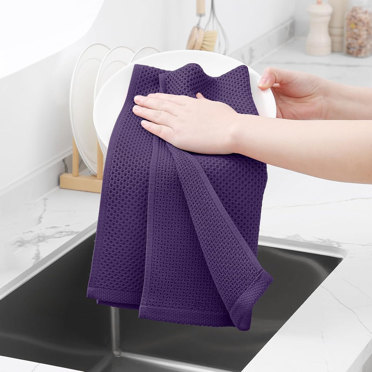 Homaxy 100% Cotton Waffle Weave Kitchen Dish Towels, Ultra Soft Absorbent Quick Drying Cleaning Towel, 13 x 28 Inches, 4-Pack, Eggplant