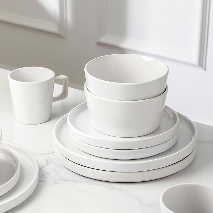 Stone Lain Celina Modern Stoneware 16-Piece Dinnerware Set, Plates and Bowls Set, White Glossy, Dish Set Service For 4