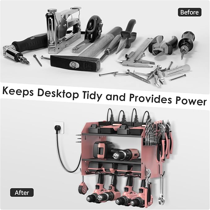 CCCEI Modular Power Tool Organizer Wall Mount with Charging Station. Garage Drill Storage Shelf with Hooks, Heavy Duty Rack, Tool Battery Holder Built in 8 Outlet. Gift for Men. Pink, 1 Pack.