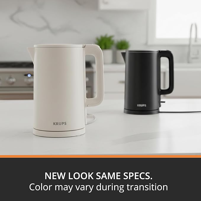 KRUPS 1.5L Electric Kettle Stainless Steel Cool Touch Interior, Fast Boiling, One Cup in 80 Seconds, Double Wall, Auto Off, Keep Warm, Hot Water Kettle Electric, Cordless, Black/White