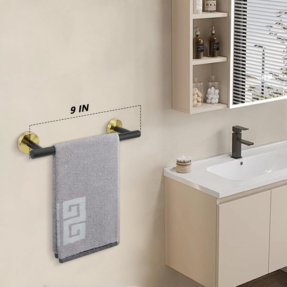 NearMoon Bath Towel Bar, Bath Accessories Thicken Stainless Steel Shower Towel Rack for Bathroom, Towel Holder Wall Mounted (1 Pack, Matte Black & Gold, 9 Inch)