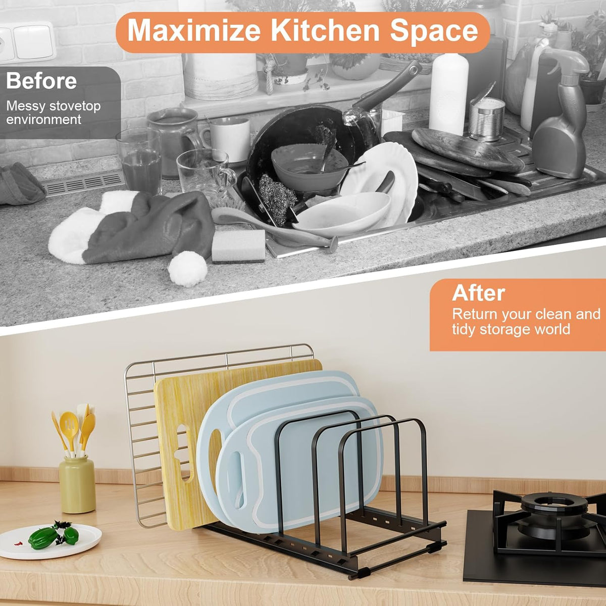 TEAMOLA Adjustable Bakeware Organizer Rack - 1pc Black Heavy-Duty Metal Cutting Board Rack for Cutting Boards & Cookware, Holds Utensils Up to 9.84" Wide (Space-Saving Holder Fits Narrow Countertops)