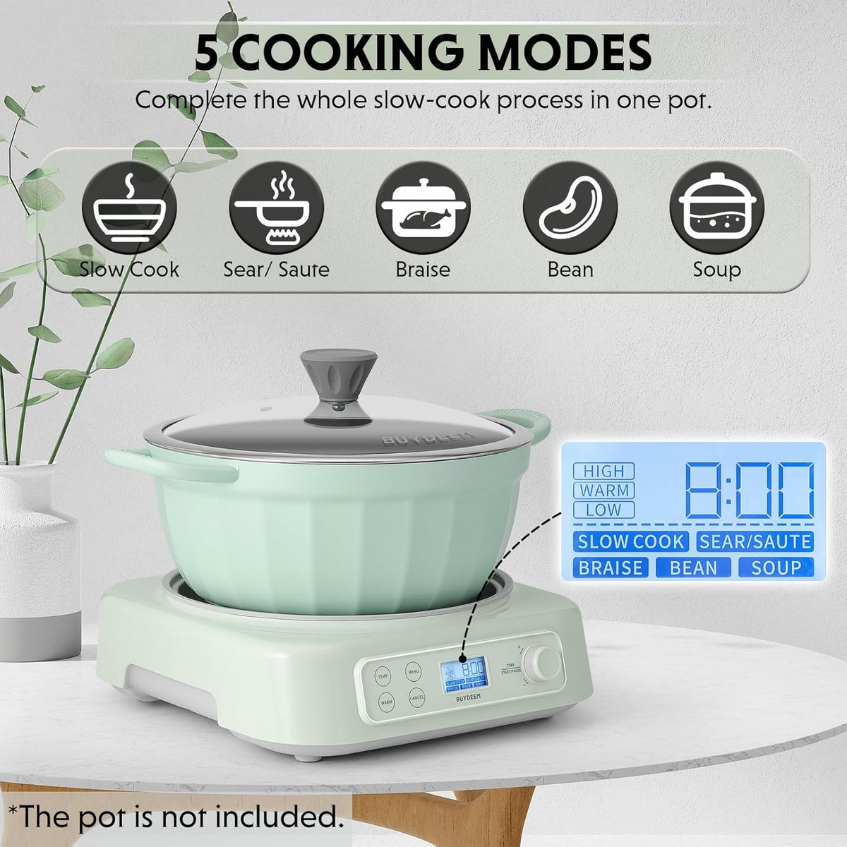 BUYDEEM LP55 5-in-1 Slow Cooker, Compatible with Various Cookwares, Multi-Cooker with Two Temperature Settings, Auto Keep Warm for 2H, Cozy Greenish, Pot Not Included