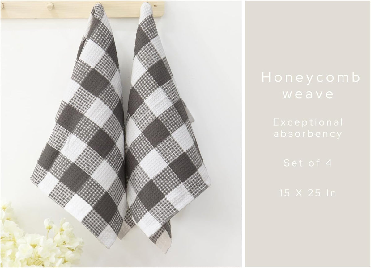 PurpleEssences 100% Cotton Waffle Weave Check Plaid Kitchen Towels, Super Soft and Absorbent Dish Towels for Drying Dishes 15 x 25-4 Pack - Spring Summer - Steel Grey and White