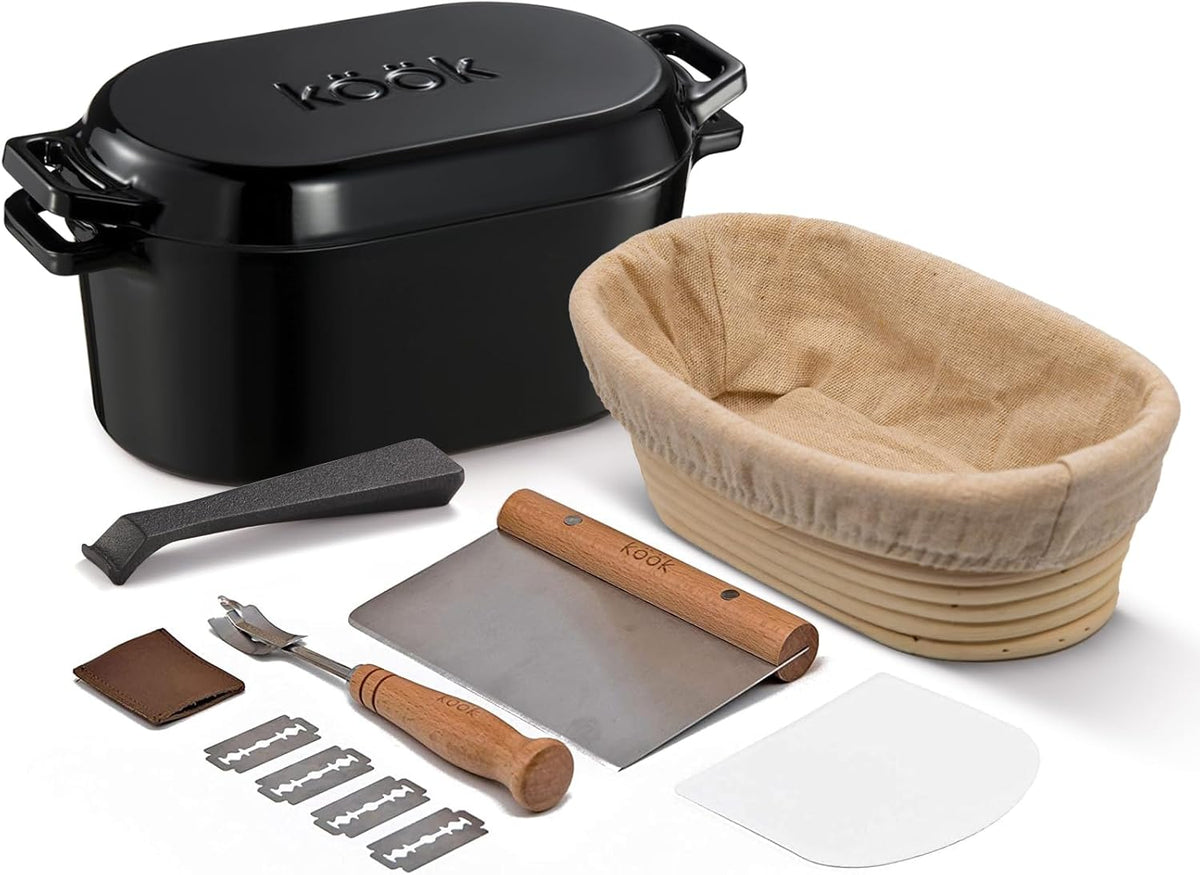 Kook Dutch Oven with Lid, Sourdough Bread Baking Supplies, Banneton Bread Proofing Set, Dual Handles, Enameled Cast Iron, Great for Baking Bread, 3.4 Qt, Artisan Sourdough Bread Making Kit, 9.8 Inch Rattan Baskets and Liners, Oval