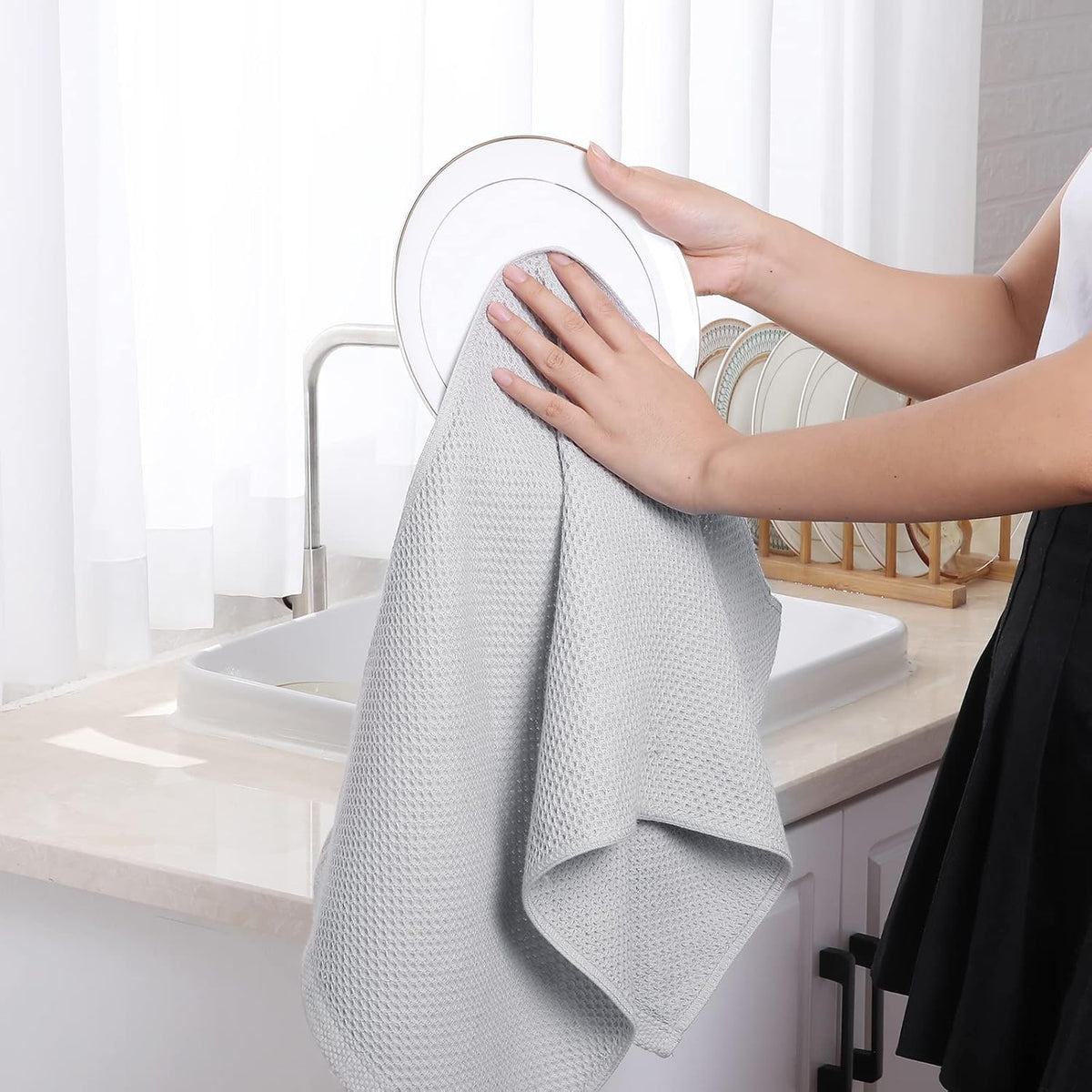 Homaxy 100% Cotton Waffle Weave Kitchen Dish Towels, Ultra Soft Absorbent Quick Drying Cleaning Towel, 13 x 28 Inches, 8-Pack, Light Gray