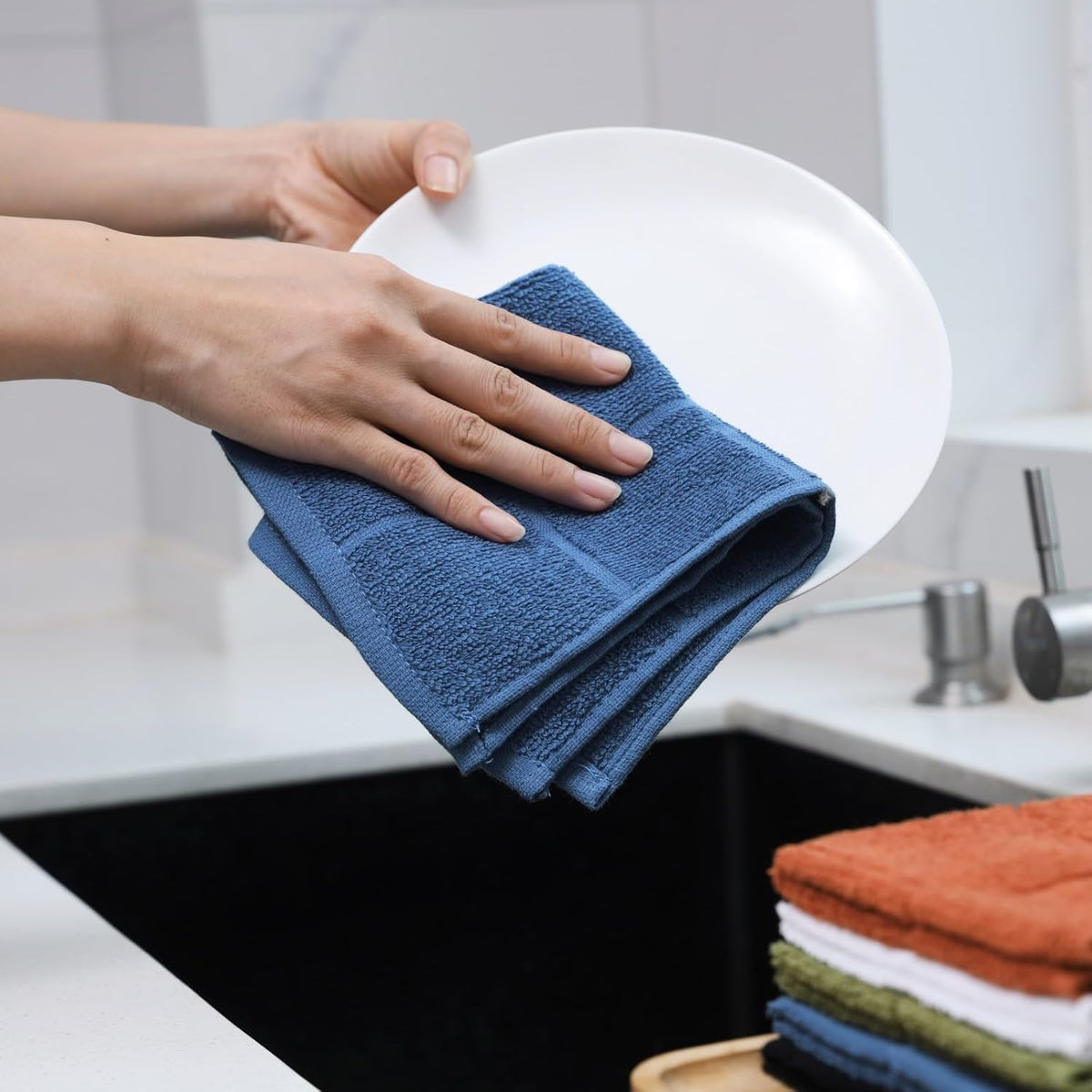 Glynniss Dishcloths Kitchen Highly Absorbent Dish Rags 100% Cotton Dish Cloths for Washing Dishes, Cleaning (Middle Blue White, 11x11)