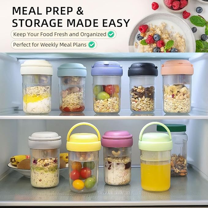 2 Pack Overnight Oats Containers with Lids and Handles, Folding Spoons & Divided Compartments for Fruit & Nuts, 16oz Glass Mason Jars for Oatmeal, Meal Prep & Breakfast (Cream 2pcs)