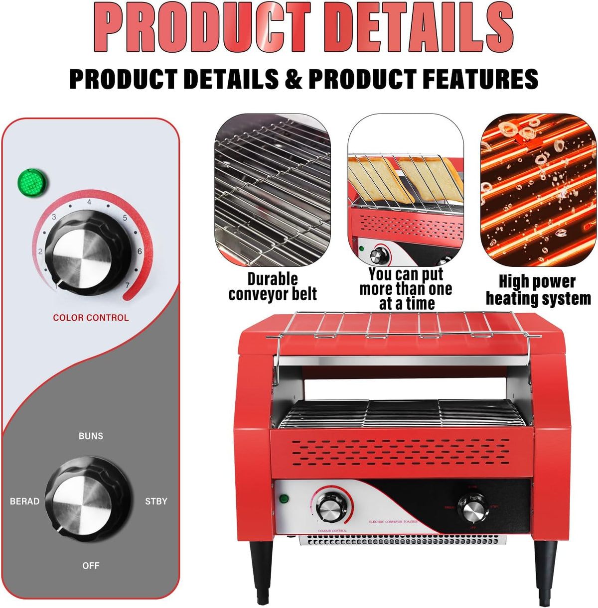 Commercial Conveyor Toaster 450 Slices/Hour Red Conveyor Toaster 3 Modes/7 Speeds Stainless Steel Tabletop Toaster for Toast, Bagels and Other Baked Breads