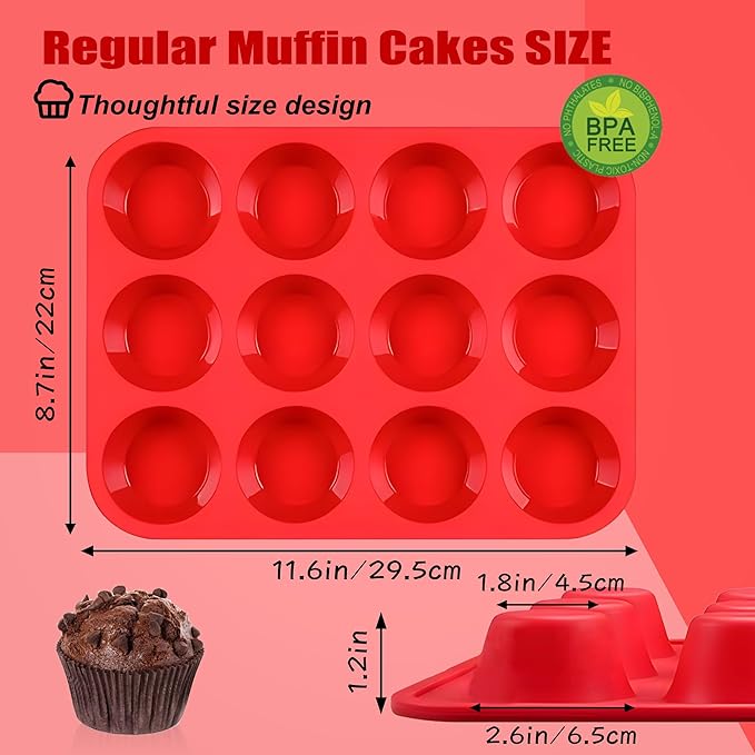 2PCS Thicken-12 Cup Silicone Muffin Pan - Cupcake Baking Pan Great for Making Muffin Cakes, Tart, Bread -Non - Stick Silicone Mold/Dishwasher - Microwave Safe