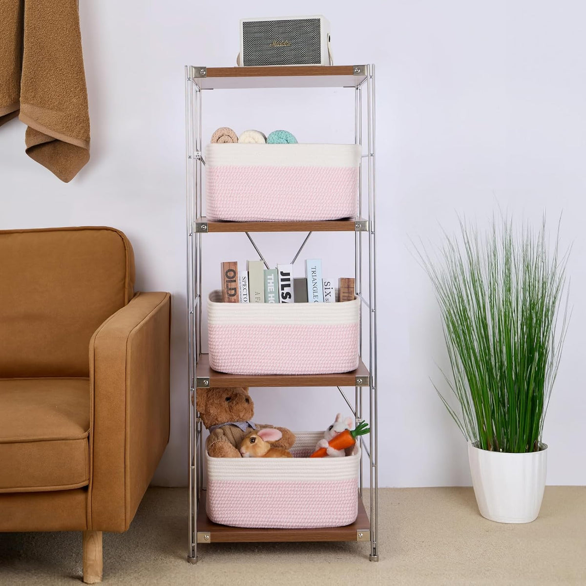 Large Storage Baskets for Shelves, Closet Organizers Bins for Clothes Blanket Towels, Baby Nursery, Toy Baskets Box, Woven Rope Baskets, 17 x 13 x 7.5”, 2 Packs Woven Pink