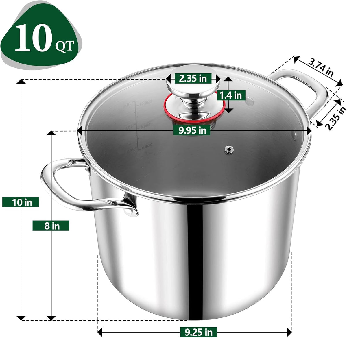 P&P CHEF 10 Quart Tri-Ply Stainless Steel Stockpot, Stock Pot with Visible Lid for Soup Pasta Vegetable, Induction Cooking Pot for All Stoves, Sturdy & Double Handle, Dishwasher Safe