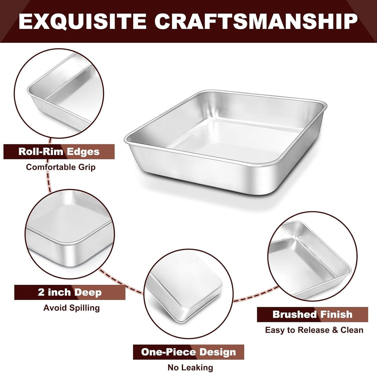 EWFEN 8 x 8 Inch Square Cake Pan, Stainless Steel Baking Pan for Lasagna Brownies Casseroles, Square Bakeware for Oven Cooking, Non-Toxic & Rust-resistant, Dishwasher Safe, 2 Pack