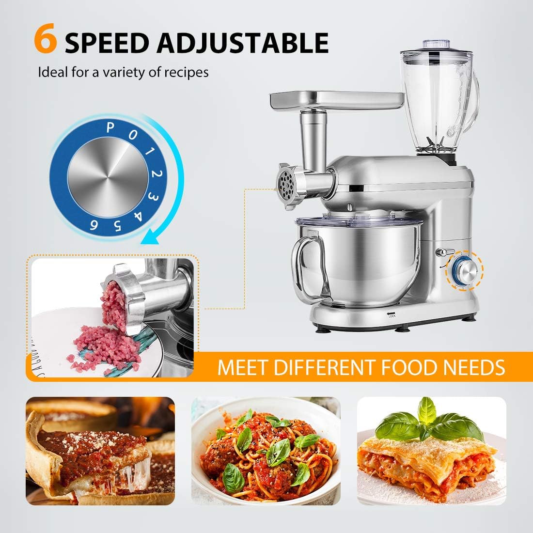 VIVOHOME 3 in 1 Multifunctional Stand Mixer with 6 Quart Stainless Steel Bowl, 650W 6 Speed Tilt-Head Meat Grinder, Juice Blender, Silver