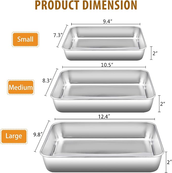E-far Baking Pans Set of 3, Stainless Steel Sheet Cake Pan for Oven - 12.5/10.5/9.4Inch, Rectangle Bakeware Set for Cake Lasagna Brownie Casserole Cookie, Non-toxic & Healthy, Dishwasher Safe