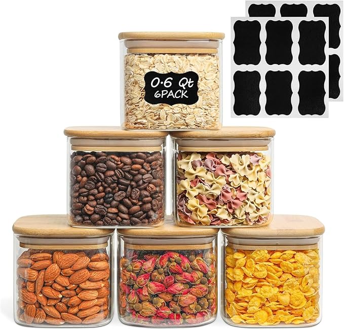 ComSaf 0.6 Qt Glass Food Storage Jars Set of 6, Clear Storage Containers with Airtight Lids, Pantry Organization Jar, Spice Jar, Blooming Tea, Coffee and Sugar Container, Canister Set for Kitchen