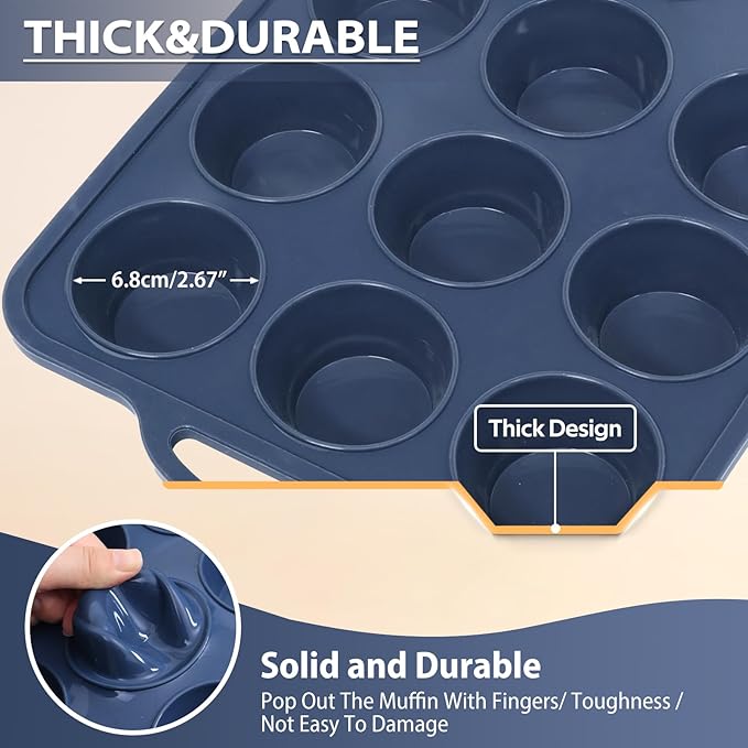 2 Pack Silicone Muffin Pan 12 and 24 Cup with Metal Frame,Non Stick Silicone Mini Cupcake Pan with Handles, BPA Free Silicon Regular Muffin Tin Tray Small for baking, egg bites, Mold Grey