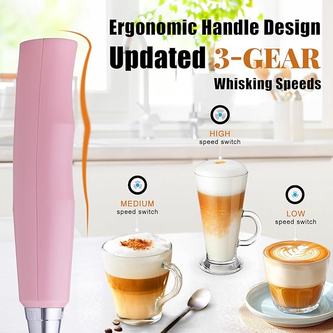 Nahida Pink Milk Frother Wand for Coffee, Frother Handheld Rechargeable Electric Whisk with 3 Heads 3 Speeds Drink Mixer Coffee Frother Foam Maker For Latte, Cappuccino, Hot Chocolate, Egg