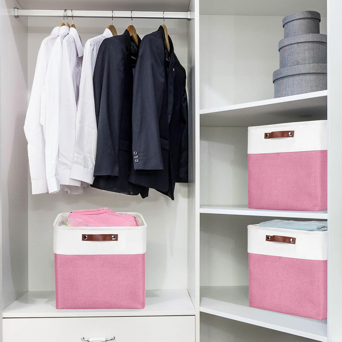 13x13 Cube Storage Bins, Collapsible Fabric Storage Box, 4 Pack Closet Baskets with Handles for Organizing, Shelf, Toys, Clothes, Home, Office, Nursery (Pink&White)