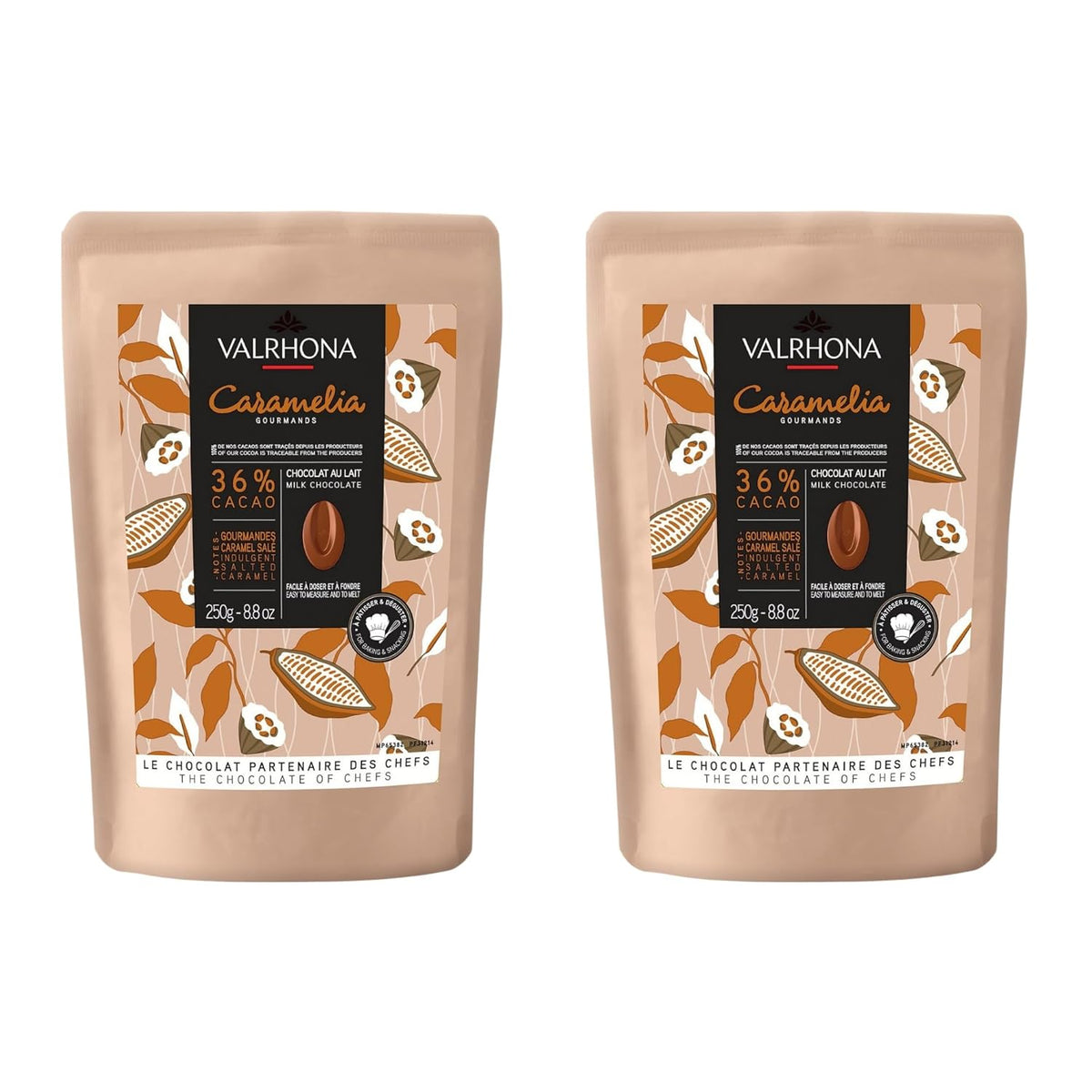 Valrhona Premium French Baking Milk Chocolate Discs (Feves). CARAMELIA 36% Cacao. Creamy, Caramel, Salted Butter Notes. Easy Melt-Tempering. Milky, Balanced. Luscious Frosting, Sauces 250g (Pack of 2)