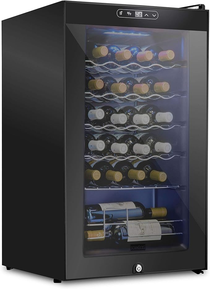 Schmecke 24 Bottle Compressor Wine Cooler Refrigerator w/Lock | Large Freestanding Wine Cellar | 41f-64f Digital Temperature Control Wine Fridge For Red, White, Champagne or Sparkling Wine - Black