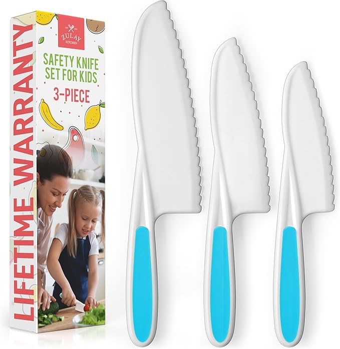 Zulay 3-Piece Kids Knife Set for Real Cooking & Baking - Toddler Knives for Cutting Fruits, Veggies, & Cake - Children’s Montessori Knife with Serrated Edges - Safe & Fun Lettuce Knife (Blue)