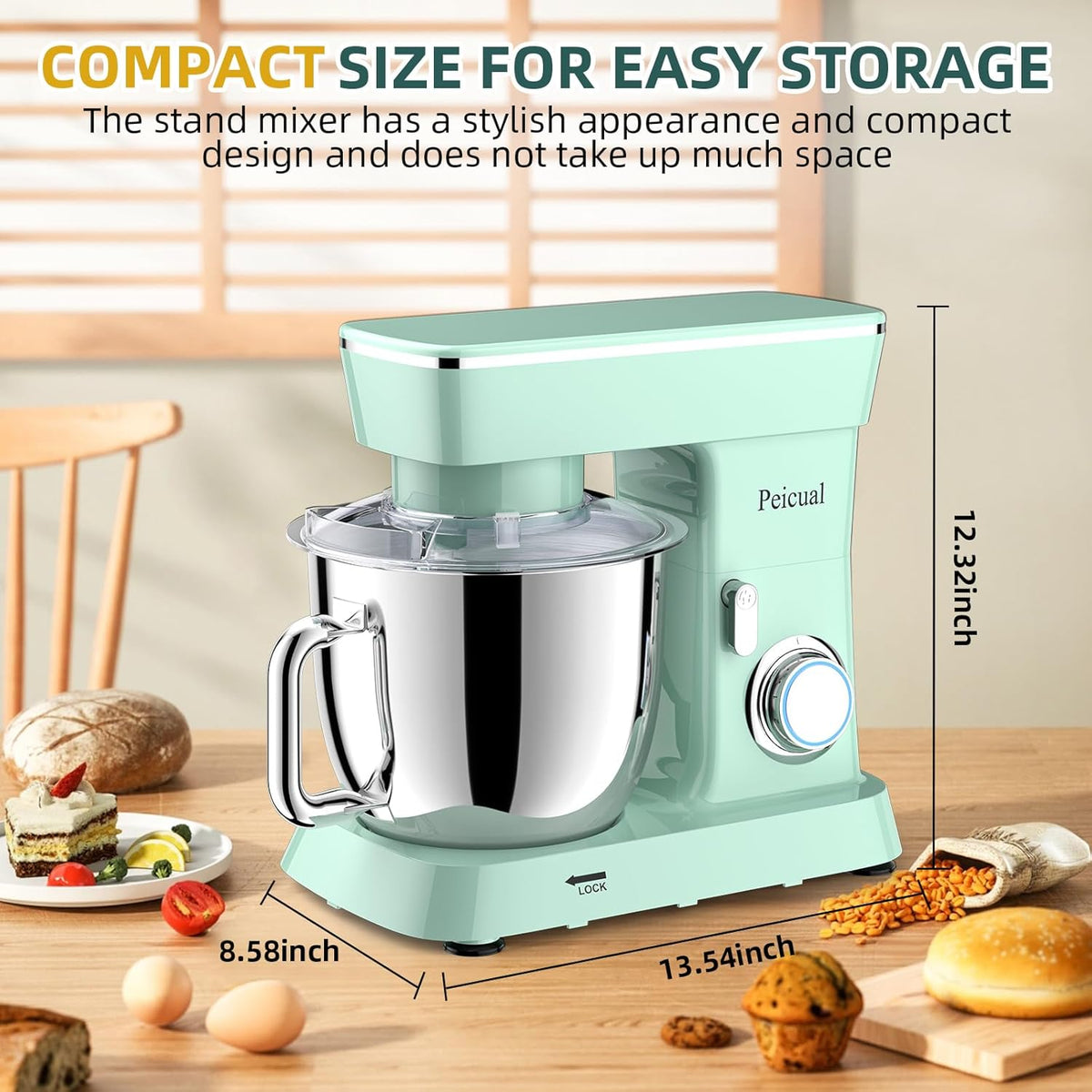Stand Mixer, 6QT 10+P Speed Tilt-Head Kitchen Electric Mixer, Food Mixer with Stainless Steel Bowl, Dough Hook, Flat Beater, Wire Whisk, Splash Guard for Daily Use -Green