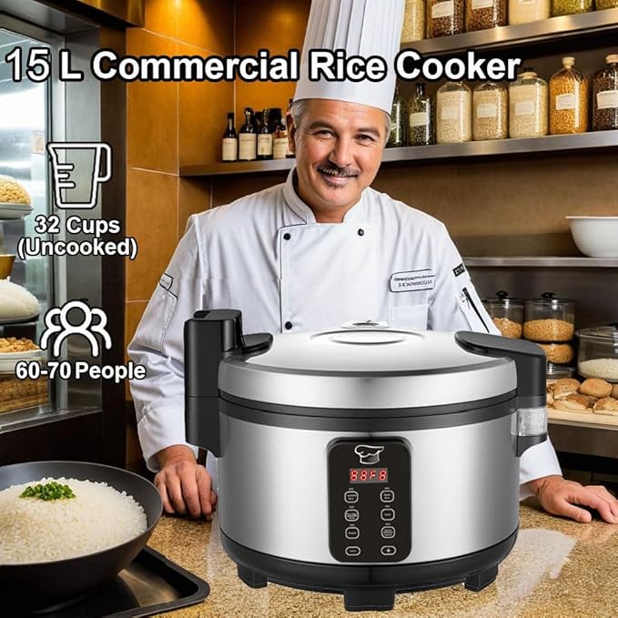 Large 15L Commercial rice cooker 84 cups cooked / 32 cups uncooked rice Electiric Rice Cooker & Rice Warmer | Automatic Warm | Stainless Steel | with One-Touch Operation