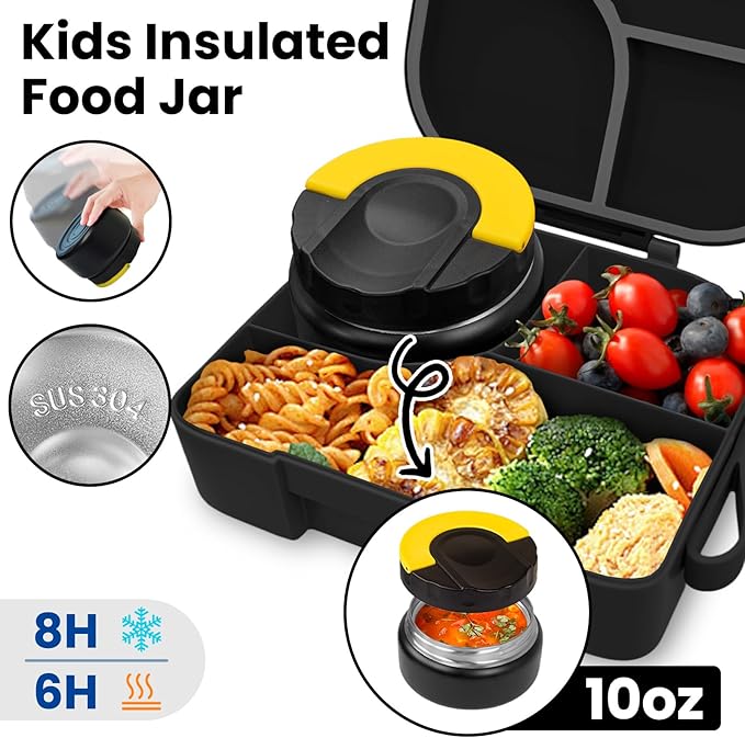 TinyPalsa Bento Box for Kids with 10oz Thermos, Durable Lunch Box with Leak Proof Insulated Food Jar, 3 Compartments with Portable Handle for Ages 3+, Dishwasher Safe, Ideal for School, Travel (Black)