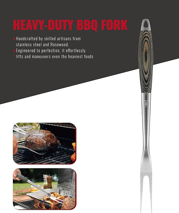 Stainless Steel BBQ Tool Set with Veined-Dyed Wooden Handles | Heavy Duty Grilling Accessories | 3-Piece Outdoor Barbecue Grill Utensil Set with Spatula, Fork, and Tongs - Ideal Gift for Men…