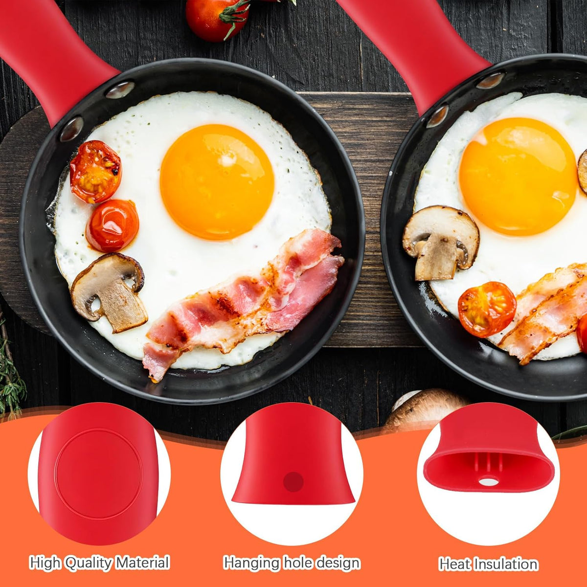 Domensi 4 Pcs Silicone Hot Handle Holder Set Cast Iron Skillet Handle Covers Heat Resistant Silicone Assist Handle Holder for Frying Pans Cast Iron Skillet Griddles Cookware(Red)