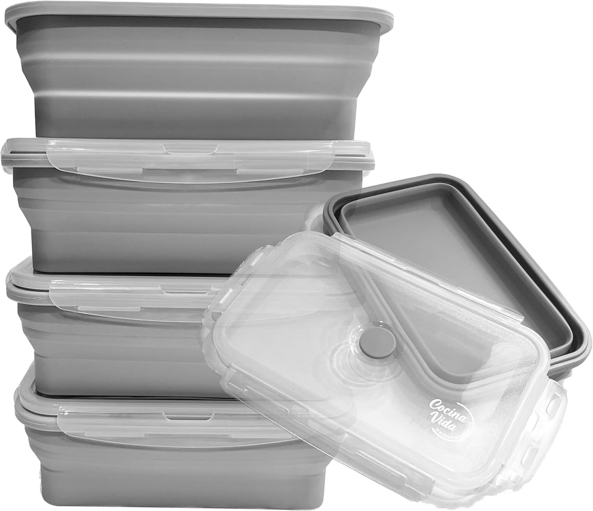 Cocina Vida Collapsible Silicone Food Storage Containers with Airtight Lids | Kitchen Stackable Lunch Box Microwave Dishwasher Safe| Set of 4 Silicone Food Storage Containers