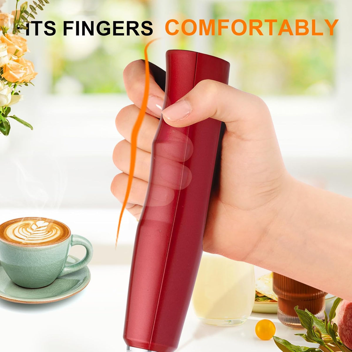 YUSWKO Red Milk Frother Handheld with 3 Heads, Coffee Whisk Foam Mixer with USB Rechargeable 3 Speeds, Electric Mini Hand Hand Frother for Latte, Cappuccino, Hot Chocolate, Egg