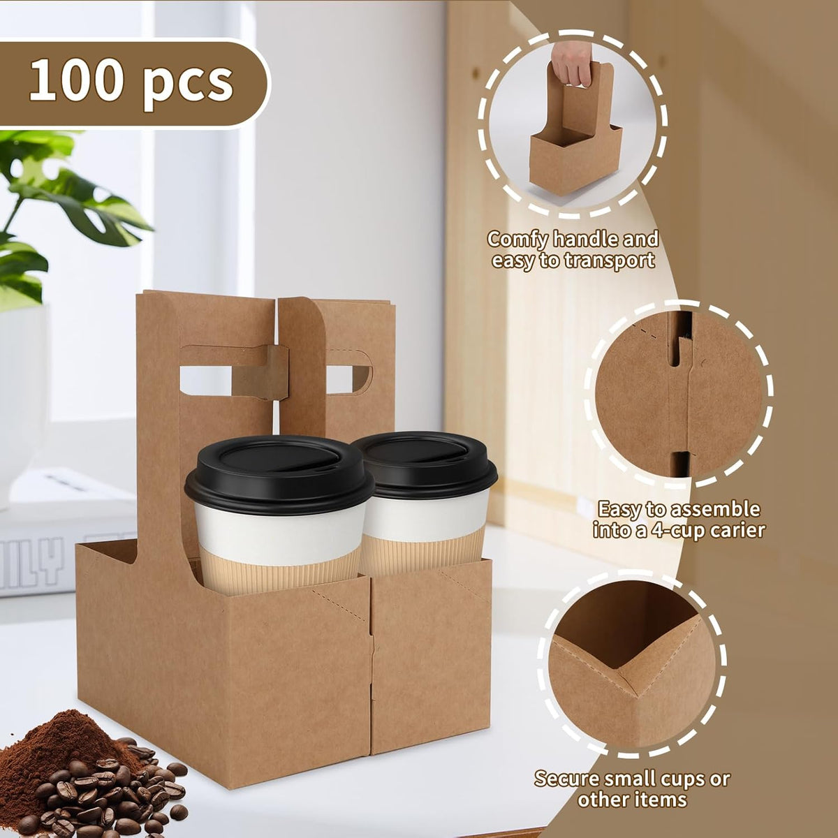 100 Pcs Coffee Drink Carrier with Handle (12-30oz) 2 Cups or 4 Cups,Disposable Paperboard Cup Holder with Handle,Disposable Cup Holders for Drinks,Great for All Your Drink and Food Delivery